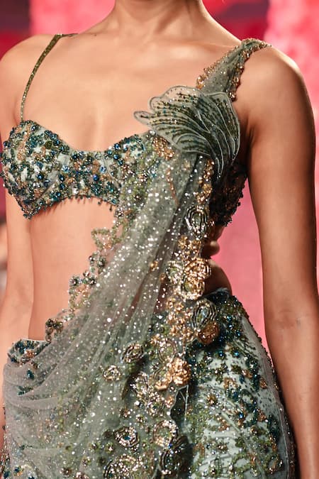 Dolly J_Green Silk, Tulle Crystals, Pearls, Embroidery Michele Mermaid Lehenga Set _Online_at_Aza_Fashions