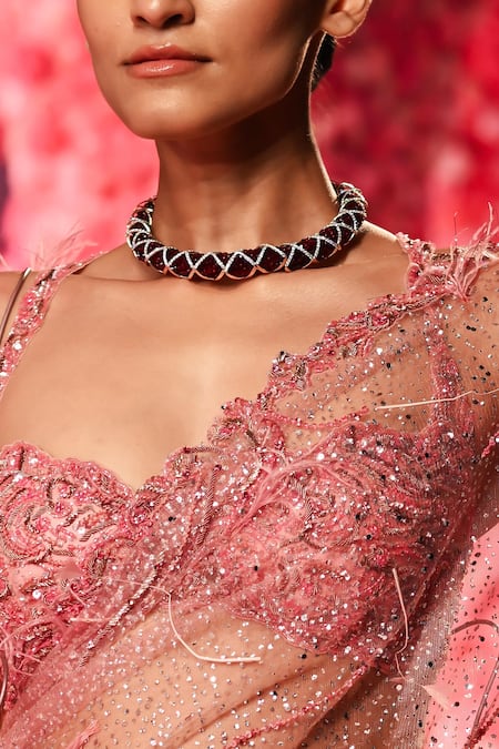 Dolly J_Pink Tulle, Silk, Chiffon Crystals, Feathers, Elodie Corsage Saree And Blouse Set _Online_at_Aza_Fashions