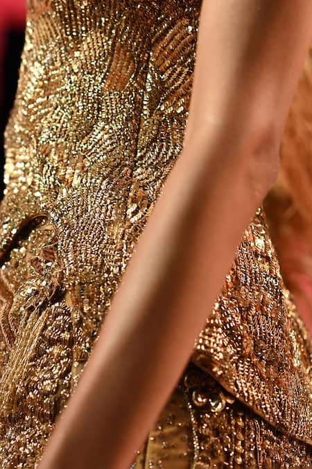 Buy_Dolly J_Gold Tulle Sequins, Feathers, Crystals Reine Embellished Corset And Skirt Set _Online_at_Aza_Fashions