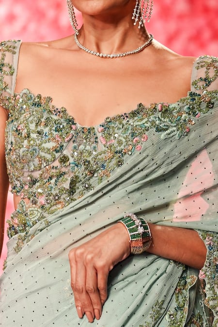 Dolly J Green Tulle Sequins, Embroidery Seaphine Embellished Saree With Blouse Online at Aza Fashions Dolly J_Green Tulle Sequins, Embroidery Seaphine Embellished Saree With Blouse _Online_at_Aza_Fashions