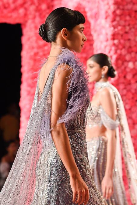 Buy_Dolly J_Purple Tulle Crystals, Sequins Plunge Neck Ines Embellished Gown _Online_at_Aza_Fashions