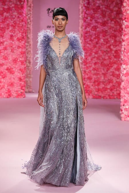 Shop_Dolly J_Purple Tulle Crystals, Sequins Plunge Neck Ines Embellished Gown _at_Aza_Fashions