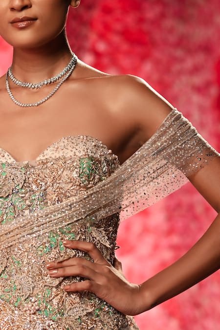 Dolly J Gold Tulle Crystals, Sequins Sweetheart Lucie Draped Embellished Corset Gown Online at Aza Fashions Dolly J_Gold Tulle Crystals, Sequins Sweetheart Lucie Draped Embellished Corset Gown _Online_at_Aza_Fashions