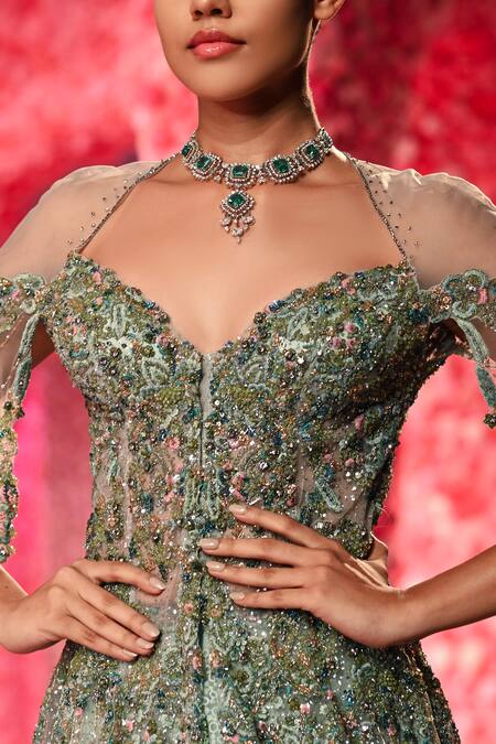 Dolly J_Green Tulle, Chiffon Crystals, Sequins Martine Embellished Jacket With Lehenga _Online_at_Aza_Fashions