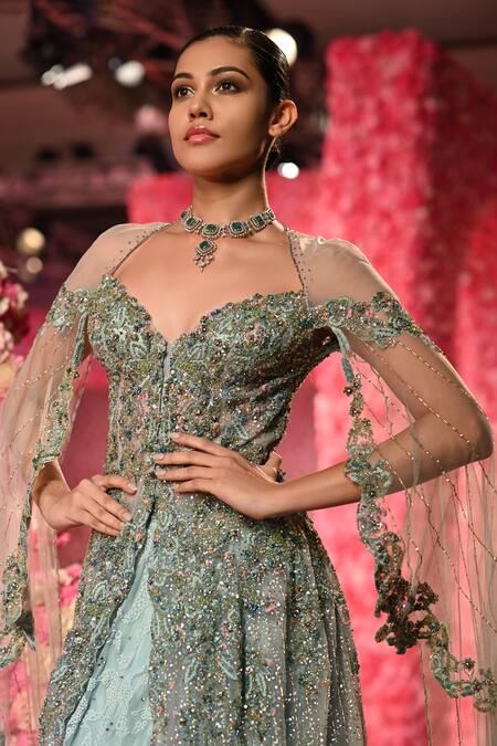 Buy_Dolly J_Green Tulle, Chiffon Crystals, Sequins Martine Embellished Jacket With Lehenga _Online_at_Aza_Fashions