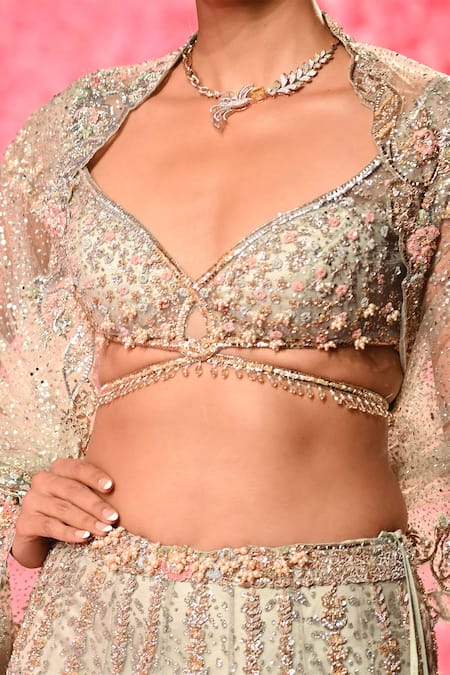 Shop_Dolly J_Green Tulle Embroidery, Beads Sweetheart Neck Sophia Lehenga Set _at_Aza_Fashions