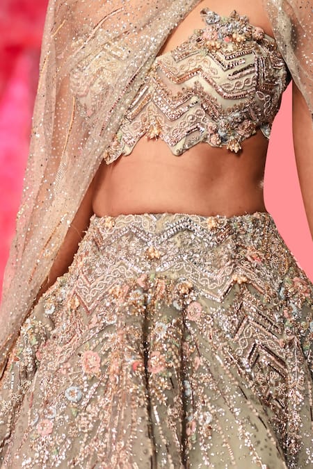 Dolly J_Green Tulle Embroidery, Beads Coraline Structured Embellished Lehenga Set _Online_at_Aza_Fashions