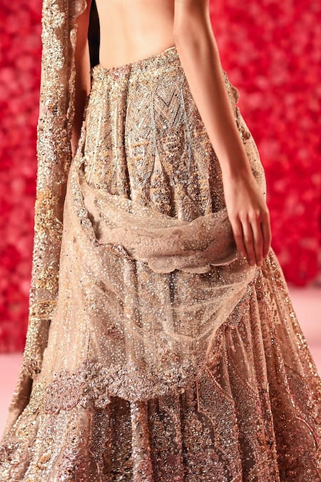 Dolly J_Rose Gold Tulle Embroidery, Beads, Applique Lena Hand Beaded Lehenga Set _Online_at_Aza_Fashions