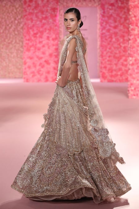 Shop_Dolly J_Rose Gold Tulle Embroidery, Beads, Applique Lena Hand Beaded Lehenga Set _at_Aza_Fashions