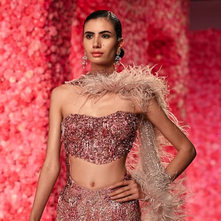 Dolly J_Pink Tulle Cut Work, Sequins, Feathers Yvette Embroidered Mermaid Lehenga Set _Online_at_Aza_Fashions