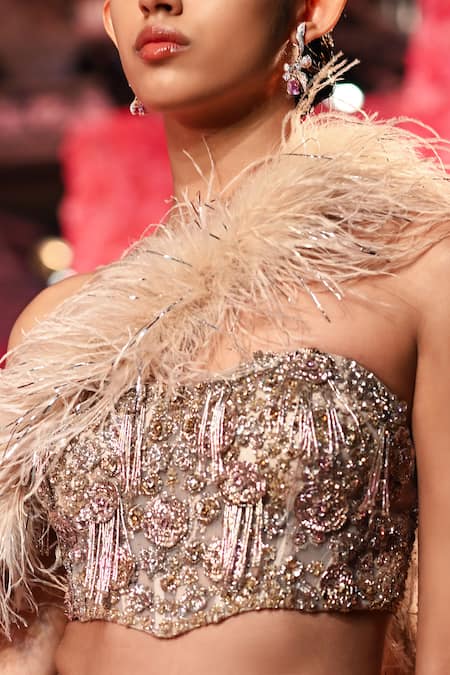 Dolly J_Gold Tulle Sequins, Beads Sweetheart Neck Louise Embroidered Mermaid Lehenga Set _Online_at_Aza_Fashions