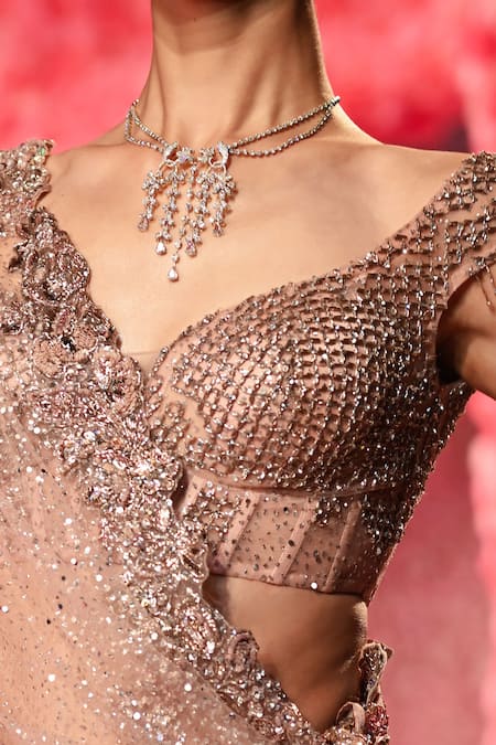 Dolly J_Rose Gold Tulle Beads, Crystals, Embroidery Sweetheart Neck Martine Lehenga Set _Online_at_Aza_Fashions