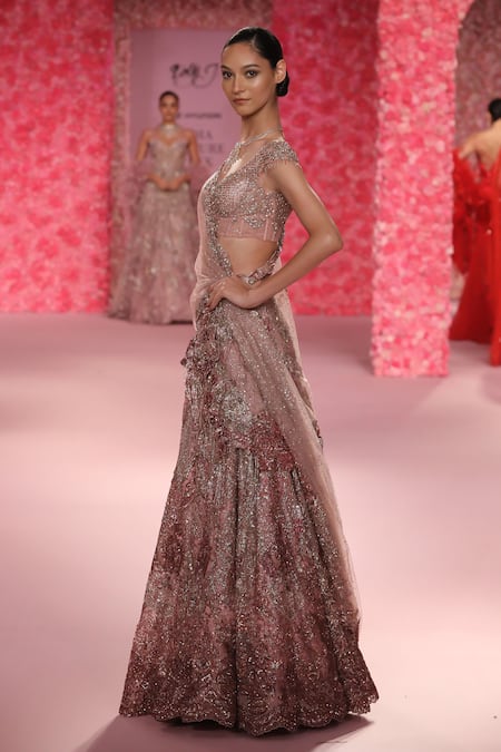 Shop_Dolly J_Rose Gold Tulle Beads, Crystals, Embroidery Sweetheart Neck Martine Lehenga Set _at_Aza_Fashions