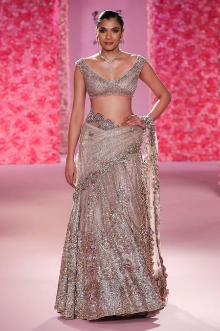 Shop_Dolly J_Gold Tulle Beads, Embroidery Sweetheart Neck Ella Crystal Saree Set _at_Aza_Fashions