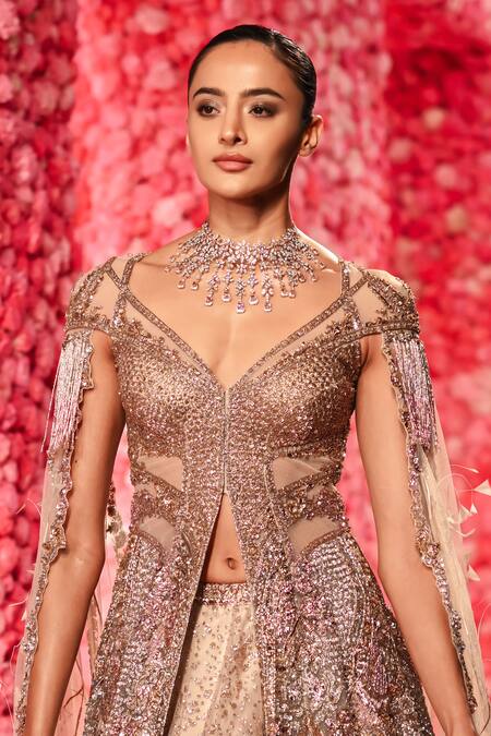 Buy Dolly J Gold Tulle Crystals Sweetheart Neck Elise Embroidered Jacket And Lehenga Set Online at Aza Fashions Buy_Dolly J_Gold Tulle Crystals Sweetheart Neck Elise Embroidered Jacket And Lehenga Set _Online_at_Aza_Fashions