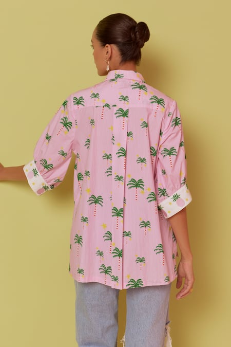 Shop_NOIB_Pink Embroidery Collared Alicia Palm Tree Print Shirt _at_Aza_Fashions