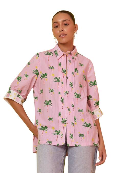 NOIB_Pink Embroidery Collared Alicia Palm Tree Print Shirt _Online_at_Aza_Fashions