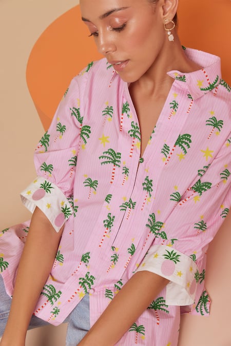 Buy_NOIB_Pink Embroidery Collared Alicia Palm Tree Print Shirt _Online_at_Aza_Fashions