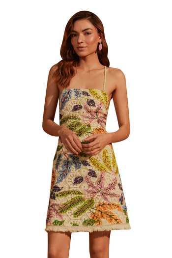 NOIB_Multi Color Cotton Embroidery Square Neck Bardot Floral Print Mini Dress_Online_at_Aza_Fashions
