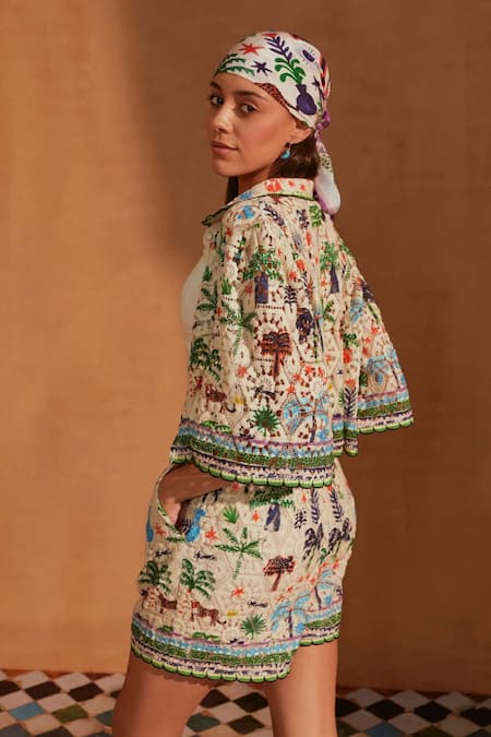 Shop NOIB Multi Color Cotton Embroidery Collared Deya Holiday Print Shirt With Shorts at Aza Fashions Shop_NOIB_Multi Color Cotton Embroidery Collared Deya Holiday Print Shirt With Shorts _at_Aza_Fashions