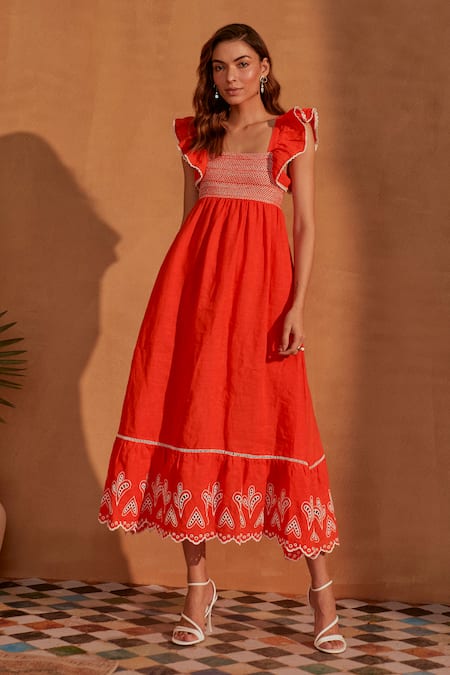 NOIB Orange Linen Embroidered Heart Square Elora Midi Dress 