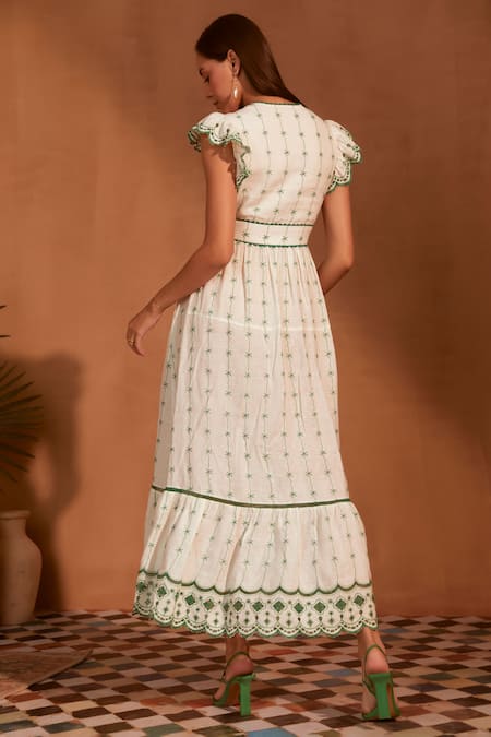 Shop NOIB White Linen Embroidery V-neck Estella Palm Maxi Dress at Aza Fashions Shop_NOIB_White Linen Embroidery V-neck Estella Palm Maxi Dress _at_Aza_Fashions