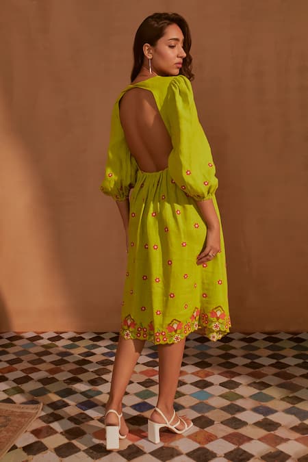 Shop_NOIB_Green Linen Embroidery Plunge Neck Eva Floral Midi Dress _at_Aza_Fashions
