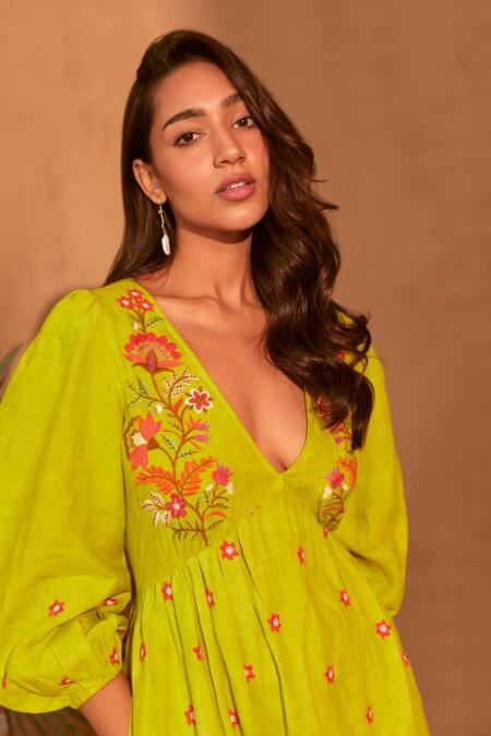 NOIB_Green Linen Embroidery Plunge Neck Eva Floral Midi Dress _Online_at_Aza_Fashions