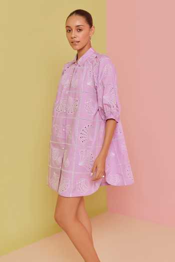 NOIB_Purple Poplin Embroidery Collared Rosa Sea Shell Shirt Dress_Online_at_Aza_Fashions