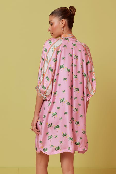 Shop_NOIB_Purple Silk Collared Rosa Palm Print Shirt Dress _at_Aza_Fashions