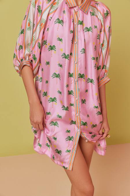 NOIB_Purple Silk Collared Rosa Palm Print Shirt Dress _Online_at_Aza_Fashions