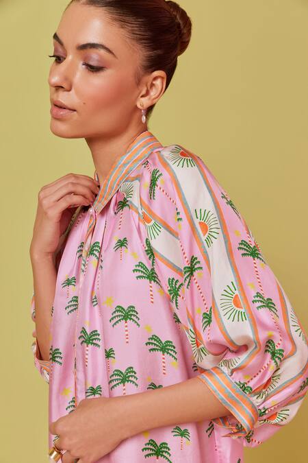 Buy_NOIB_Purple Silk Collared Rosa Palm Print Shirt Dress _Online_at_Aza_Fashions