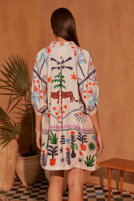 Shop NOIB Multi Color Silk Collared Rosa Tropical Party Print Shirt Dress at Aza Fashions Shop_NOIB_Multi Color Silk Collared Rosa Tropical Party Print Shirt Dress_at_Aza_Fashions