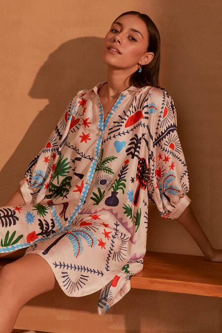 Buy NOIB Multi Color Silk Collared Rosa Tropical Party Print Shirt Dress Online at Aza Fashions Buy_NOIB_Multi Color Silk Collared Rosa Tropical Party Print Shirt Dress_Online_at_Aza_Fashions
