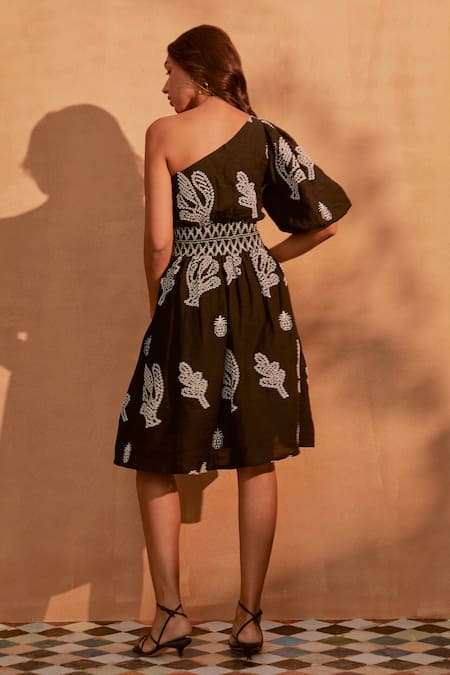 Shop NOIB Black Linen Embroidery One Shoulder Sierra Short Dress at Aza Fashions Shop_NOIB_Black Linen Embroidery One Shoulder Sierra Short Dress _at_Aza_Fashions
