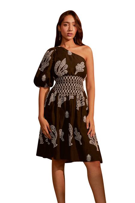NOIB Black Linen Embroidery One Shoulder Sierra Short Dress Online at Aza Fashions NOIB_Black Linen Embroidery One Shoulder Sierra Short Dress _Online_at_Aza_Fashions