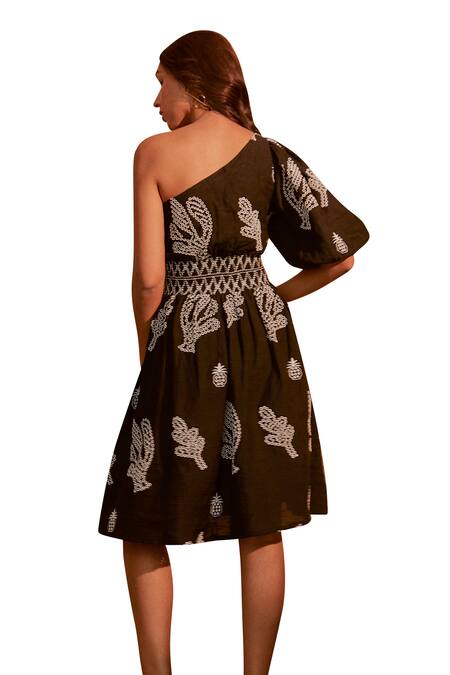 Buy NOIB Black Linen Embroidery One Shoulder Sierra Short Dress Online at Aza Fashions Buy_NOIB_Black Linen Embroidery One Shoulder Sierra Short Dress _Online_at_Aza_Fashions