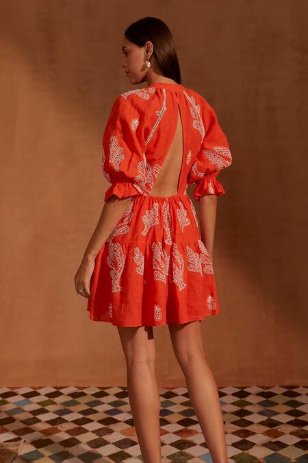 Shop NOIB Orange Linen Embroidery Plunge Neck Sofia Mini Dress at Aza Fashions Shop_NOIB_Orange Linen Embroidery Plunge Neck Sofia Mini Dress _at_Aza_Fashions