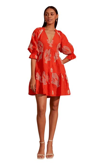 NOIB Orange Linen Embroidery Plunge Neck Sofia Mini Dress Online at Aza Fashions NOIB_Orange Linen Embroidery Plunge Neck Sofia Mini Dress _Online_at_Aza_Fashions