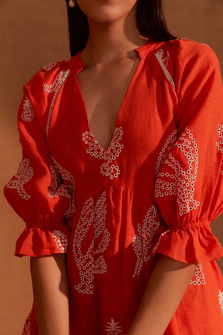 Buy NOIB Orange Linen Embroidery Plunge Neck Sofia Mini Dress Online at Aza Fashions Buy_NOIB_Orange Linen Embroidery Plunge Neck Sofia Mini Dress _Online_at_Aza_Fashions