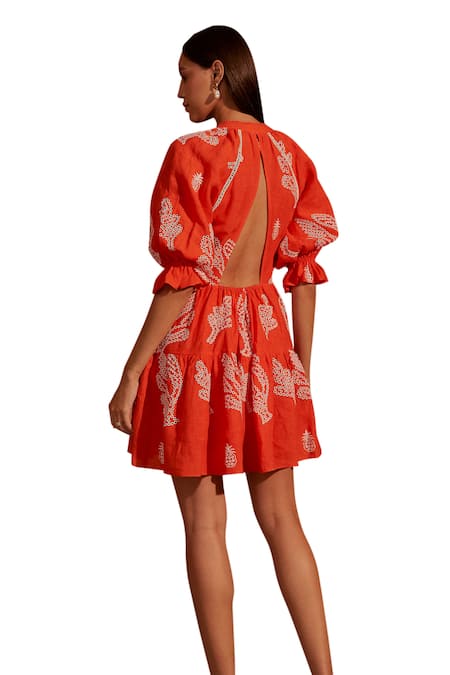 Shop NOIB Orange Linen Embroidery Plunge Neck Sofia Mini Dress Online at Aza Fashions Shop_NOIB_Orange Linen Embroidery Plunge Neck Sofia Mini Dress _Online_at_Aza_Fashions
