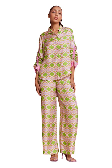 Buy_Noib_Green Silk Printed Hourglass Thais Pant _Online_at_Aza_Fashions