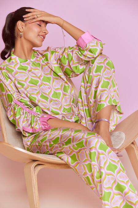 Noib_Green Silk Printed Hourglass Thais Pant _at_Aza_Fashions