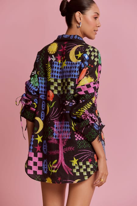 Shop NOIB Black Linen, Lycra Embroidery Collared Thais Celestial Print Shirt at Aza Fashions Shop_NOIB_Black Linen, Lycra Embroidery Collared Thais Celestial Print Shirt _at_Aza_Fashions