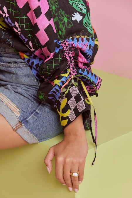 NOIB Black Linen, Lycra Embroidery Collared Thais Celestial Print Shirt Online at Aza Fashions NOIB_Black Linen, Lycra Embroidery Collared Thais Celestial Print Shirt _Online_at_Aza_Fashions