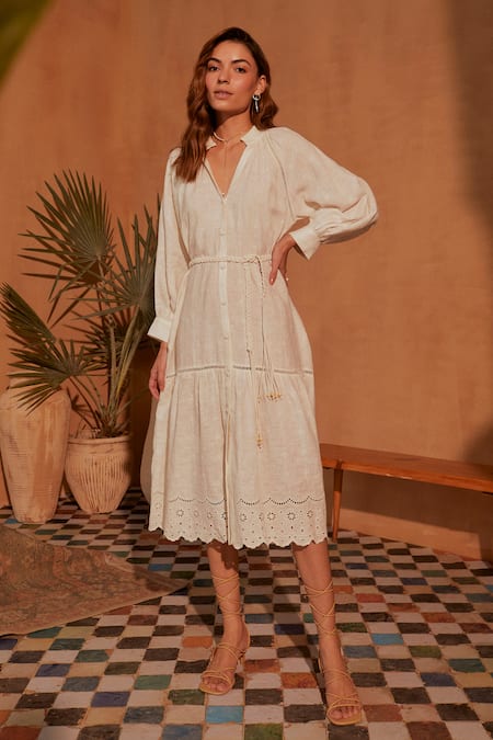 NOIB White Linen Embroidered Palm V-neck Vera Midi Dress 