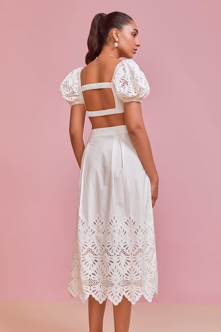 Shop_NOIB_White Cotton, Gingham Embroidery Square Neck Zoe Top With Skirt Set _at_Aza_Fashions