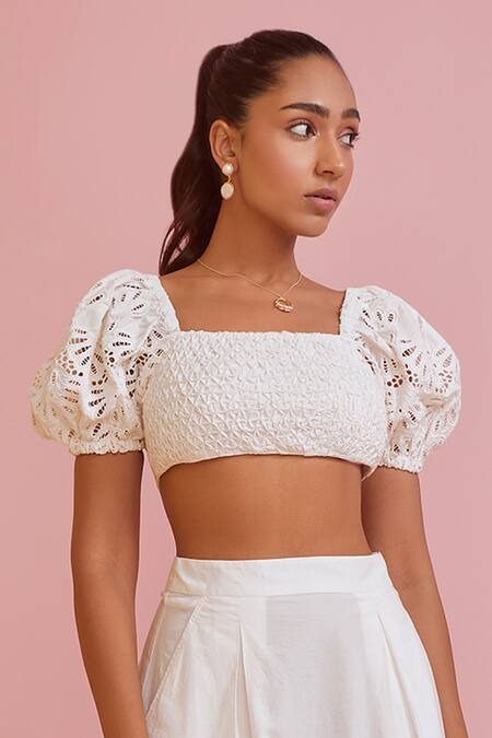 NOIB_White Cotton, Gingham Embroidery Square Neck Zoe Top With Skirt Set _Online_at_Aza_Fashions
