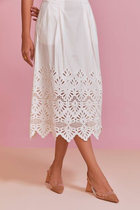 Buy_NOIB_White Cotton, Gingham Embroidery Square Neck Zoe Top With Skirt Set _Online_at_Aza_Fashions