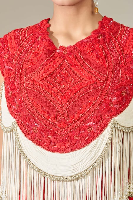 Shop Anamika Khanna Red Cotton Tassels Round Neck Embroidered Cape And Draped Skirt Set Online at Aza Fashions Shop_Anamika Khanna_Red Cotton Tassels Round Neck Embroidered Cape And Draped Skirt Set_Online_at_Aza_Fashions